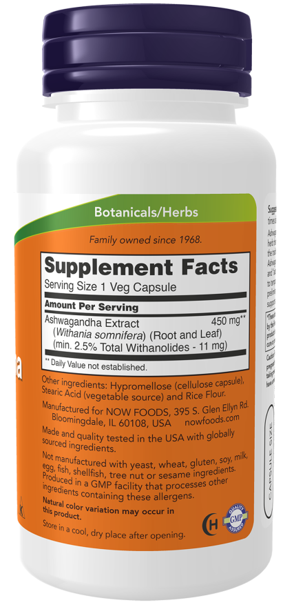 NOW Supplements, Ashwagandha (Withania somnifera) 450 mg (Standardized Extract) for Immune Support, 90 Veg Capsules