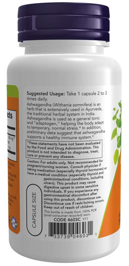 NOW Supplements, Ashwagandha (Withania somnifera) 450 mg (Standardized Extract) for Immune Support, 90 Veg Capsules