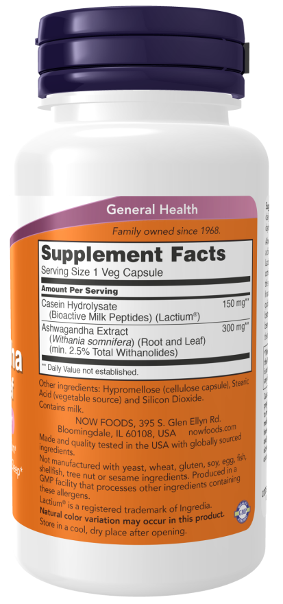 NOW Supplements, Ashwagandha Stress Relief, Mood and Sleep Support*, with clinically Studied Lactium®, Promotes Relaxation and restful Sleep*, 60 Veg Capsules
