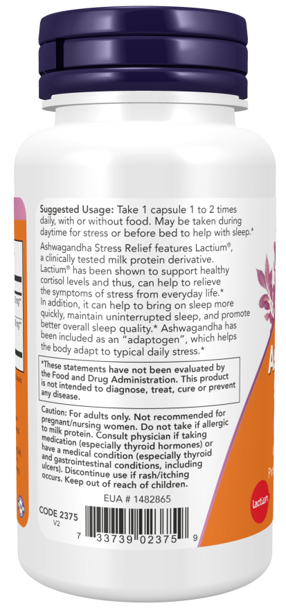 NOW Supplements, Ashwagandha Stress Relief, Mood and Sleep Support*, with clinically Studied Lactium®, Promotes Relaxation and restful Sleep*, 60 Veg Capsules