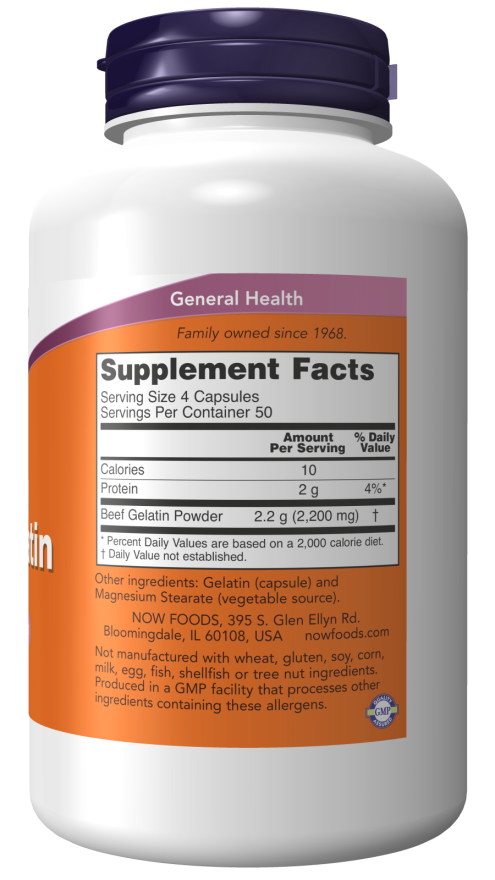 NOW Supplements, Beef Gelatin 550 mg, Hydrolyzed, Nutritional Support, 200 Capsules