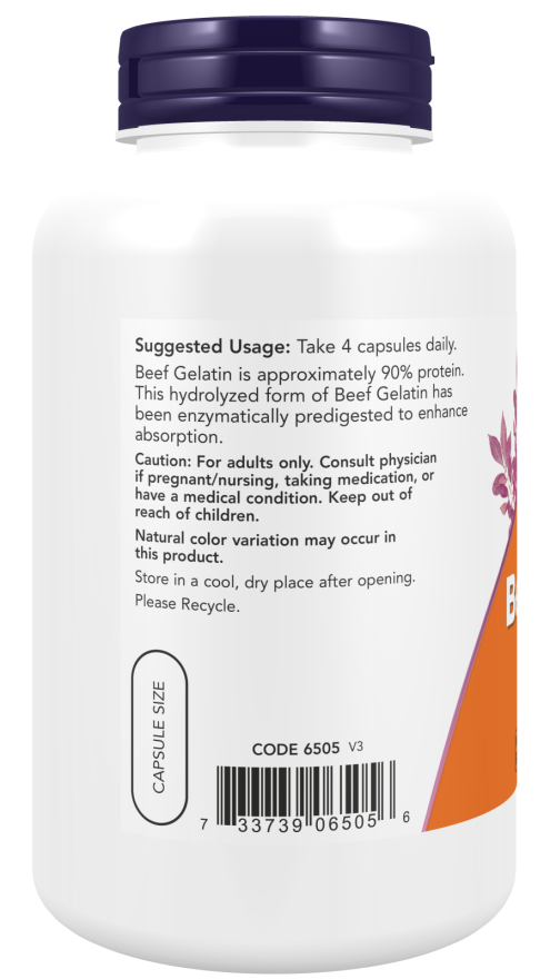 NOW Supplements, Beef Gelatin 550 mg, Hydrolyzed, Nutritional Support, 200 Capsules