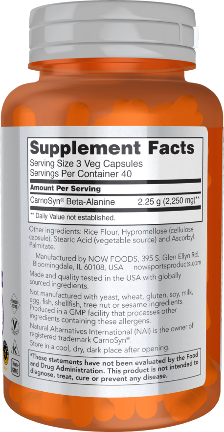 NOW Sports Nutrition, Beta-Alanine 750 mg, Delays Muscle Fatigue*, Endurance*, 120 Veg Capsules