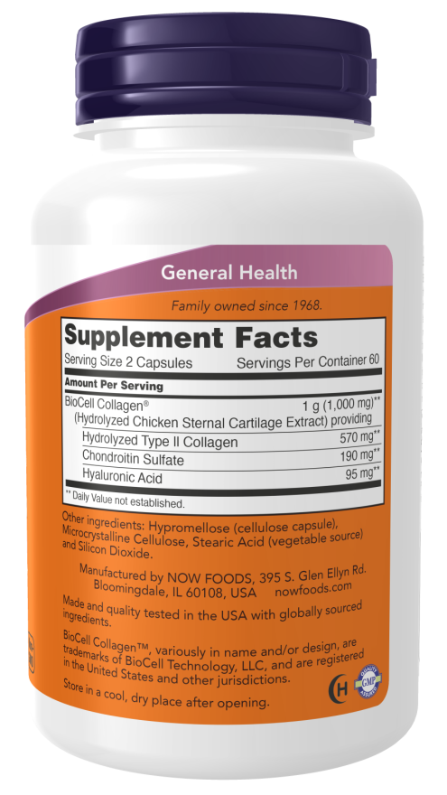NOW Supplements, BioCell Collagen® Hydrolyzed Type II, Clinically Validated, 120 Veg Capsules