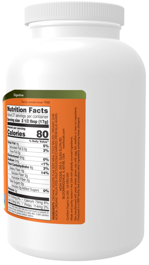 NOW Supplements, Fiber-3, Certified Organic, Non-GMO Project Verified, Psyllium Free, with Organic Golden Flax Meal, Acacia & Inulin, 16-Ounce