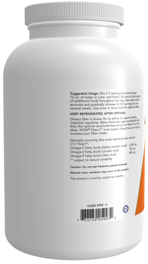 NOW Supplements, Fiber-3, Certified Organic, Non-GMO Project Verified, Psyllium Free, with Organic Golden Flax Meal, Acacia & Inulin, 16-Ounce