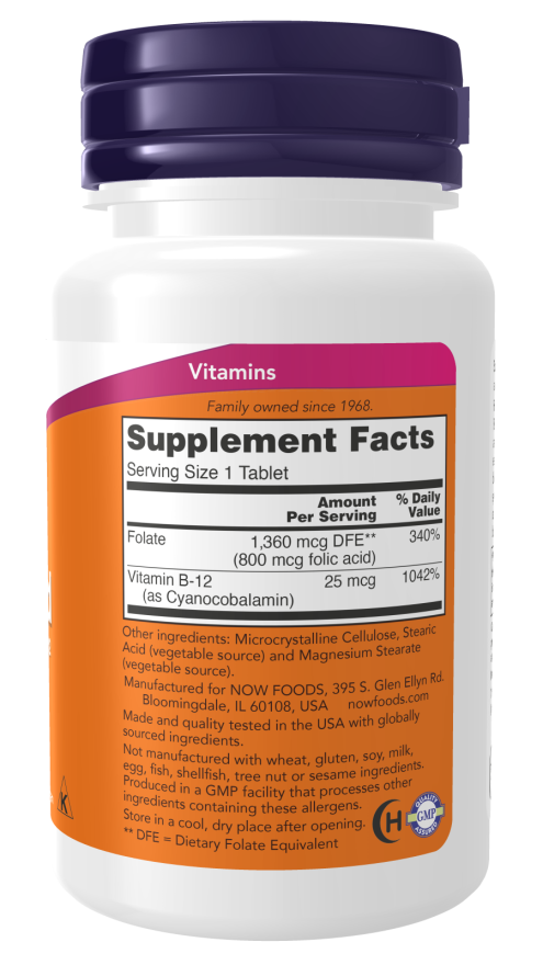 NOW Supplements, Folic Acid 800 mcg + B-12 (Cyanocobalamin) 25 mcg, B Complex Vitamin, 250 Tablets