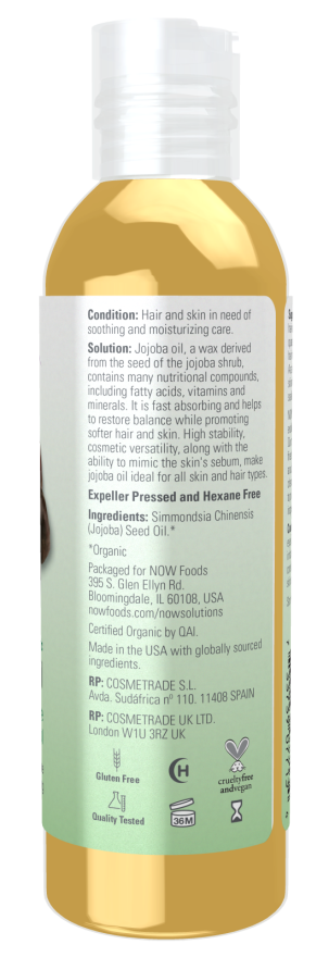 NOW Solutions, Organic Jojoba Oil, Moisturizing Multi-Purpose Oil for Face, Hair and Body, 4-Ounce
