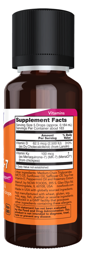 NOW Supplements, Liquid D-3 & MK-7 with 2,500 IU Vitamin D-3 & 100 mcg Vitamin K-2 per 5 drops, 1-Ounce