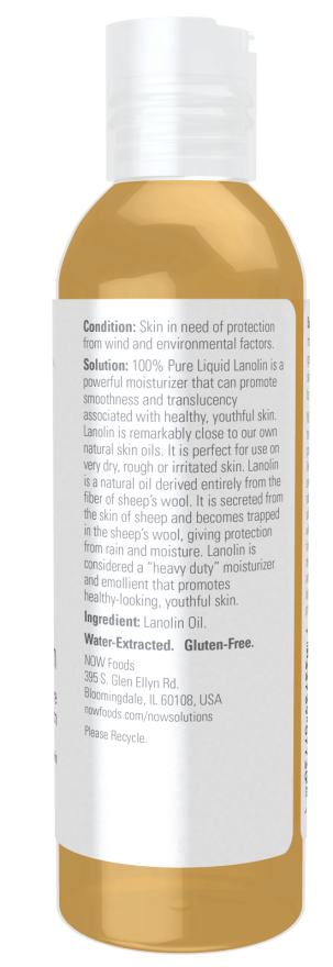 NOW Solutions, Liquid Lanolin Pure, Intense Protection, Formulated for Dry Rough Lips and Skin, 4-Ounce
