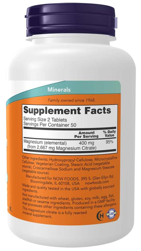 NOW Supplements, Magnesium Citrate 200 mg, Enzyme Function*, Nervous System Support*, 100 Tablets