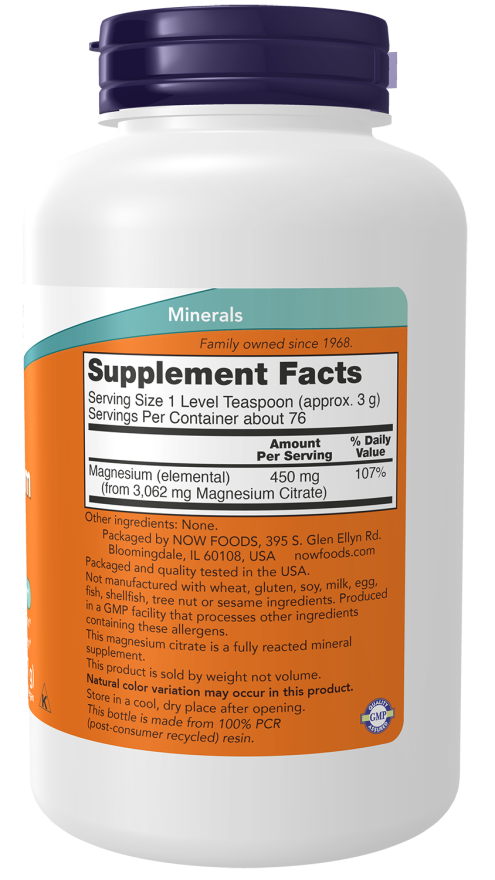 NOW Supplements, Magnesium Citrate Pure Powder, Enzyme Function*, Nervous System Support*, 8-Ounce