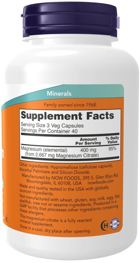 NOW Supplements, Magnesium Citrate, Enzyme Function*, Nervous System Support*, 120 Veg Capsules1