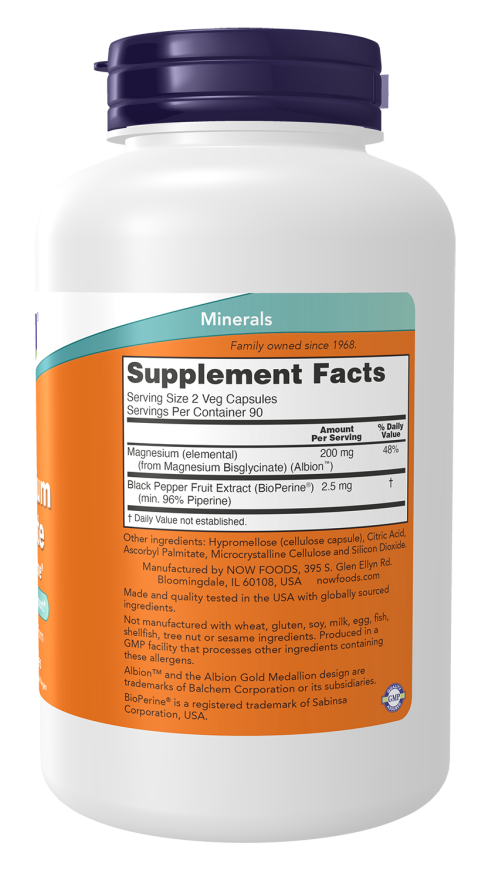 NOW Supplements, Magnesium Glycinate with BioPerine, 180 Veg Capsules