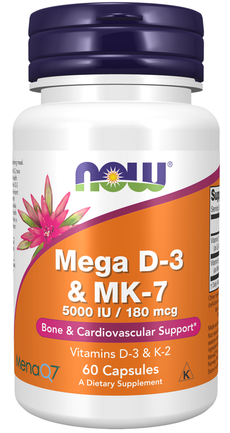 NOW Supplements, Mega D-3 & MK-7 with Vitamins D-3 & K-2, 5,000 IU/180 mcg, Bone & Cardiovascular Support*, 60 Veg Capsules