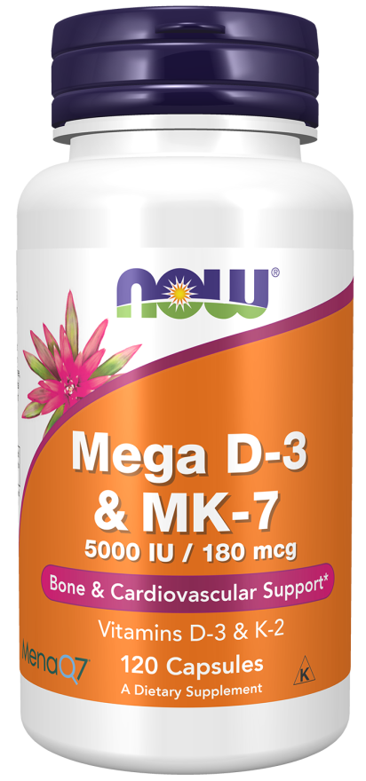 NOW Supplements, Mega D-3 & MK-7 with Vitamins D-3 & K-2, 5,000 IU/180 mcg, Bone & Cardiovascular Support*, 60 Veg Capsules