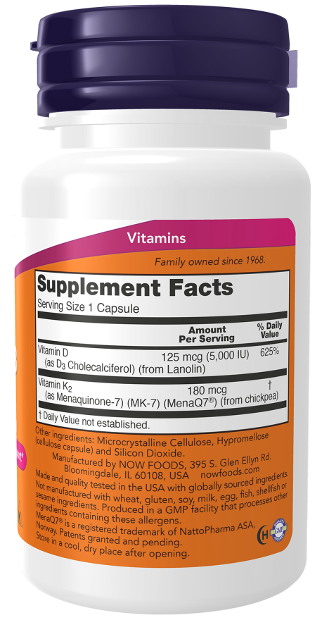 NOW Supplements, Mega D-3 & MK-7 with Vitamins D-3 & K-2, 5,000 IU/180 mcg, Bone & Cardiovascular Support*, 60 Veg Capsules
