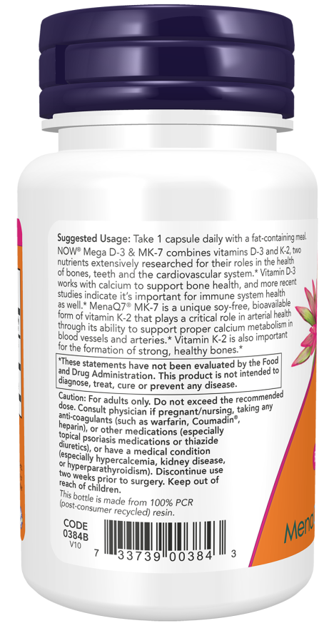 NOW Supplements, Mega D-3 & MK-7 with Vitamins D-3 & K-2, 5,000 IU/180 mcg, Bone & Cardiovascular Support*, 60 Veg Capsules