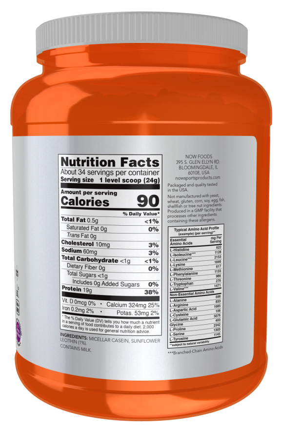 NOW Sports Nutrition, Micellar Casein 19 g, Slow Release, Unflavored Powder, 1.8-Pound