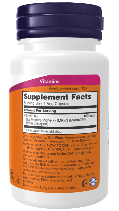 NOW Supplements, MK-7 Vitamin K-2 100 mcg, Cardiovascular Support*, Supports Bone Health*, 60 Veg Capsules