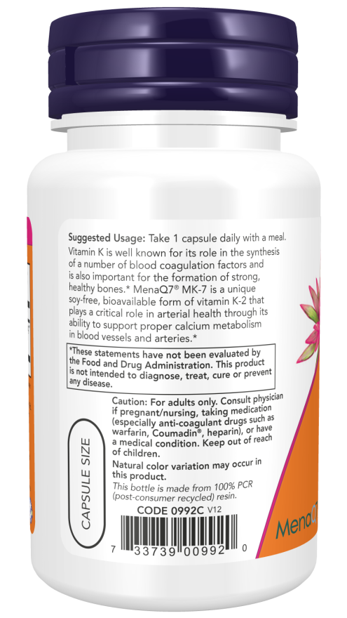 NOW Supplements, MK-7 Vitamin K-2 100 mcg, Cardiovascular Support*, Supports Bone Health*, 60 Veg Capsules