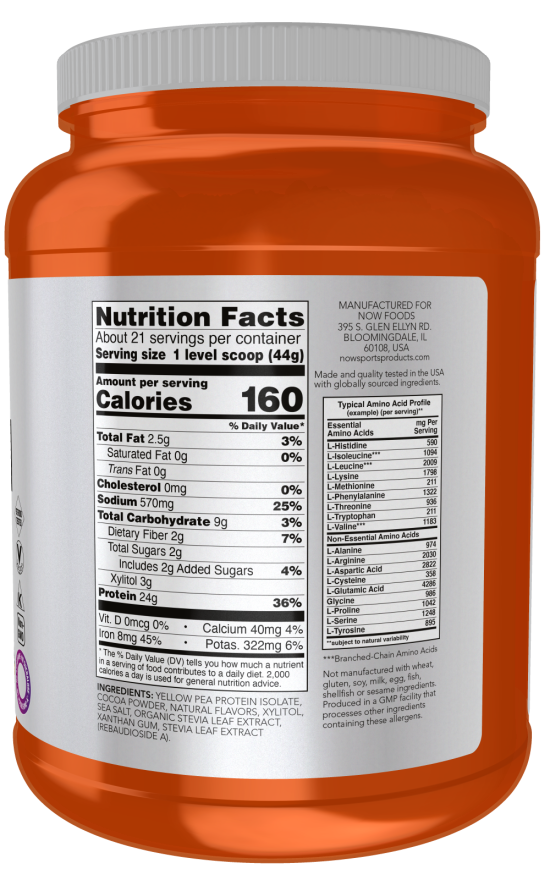 NOW Sports Nutrition, Pea Protein 24 g, Easily Digested, Creamy Chocolate Powder, 2-Pound