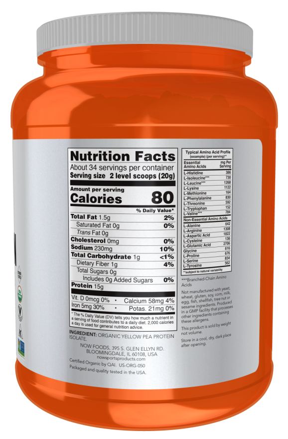 NOW Sports Nutrition, Certified Organic Pea Protein 15 Grams, Unflavored Powder, 1.5-Pound