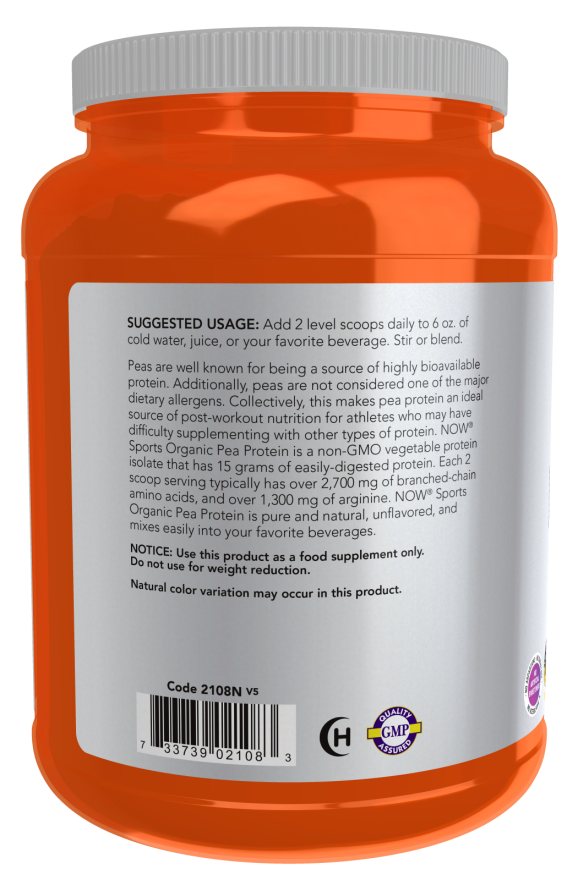 NOW Sports Nutrition, Certified Organic Pea Protein 15 Grams, Unflavored Powder, 1.5-Pound