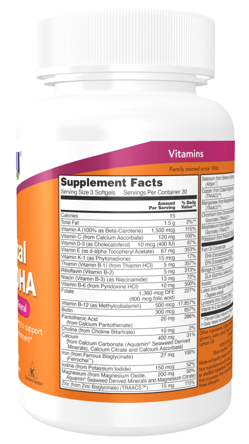 NOW Supplements, Prenatal Gels + DHA with 250 mg DHA per serving, plus Borage Oil (GLA), 90 Softgels