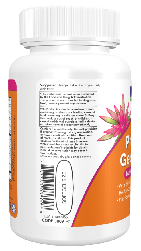 NOW Supplements, Prenatal Gels + DHA with 250 mg DHA per serving, plus Borage Oil (GLA), 90 Softgels