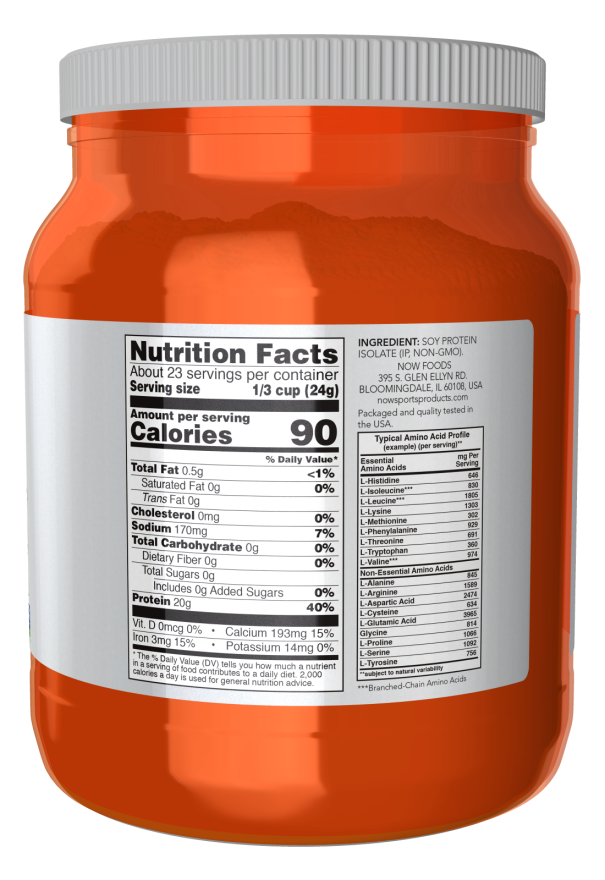 NOW Sports Nutrition, Soy Protein Isolate 20 G, 0 Carbs, Unflavored Powder, 1.2-Pound