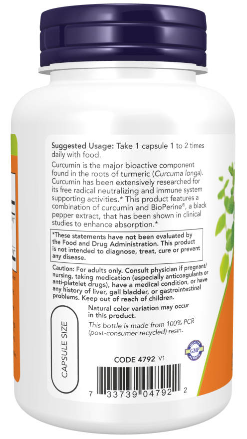 NOW Supplements, Turmeric Curcumin with BioPerine, Immune System Support, Standardized to 95% Curcuminoids, Enhanced Absorption*, 90 Veg Capsules