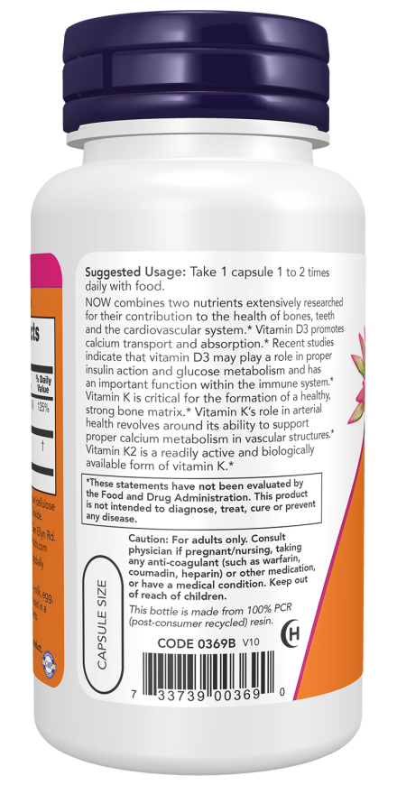 NOW Foods Vitamin D-3 & K-2 - 120 Veg Capsules