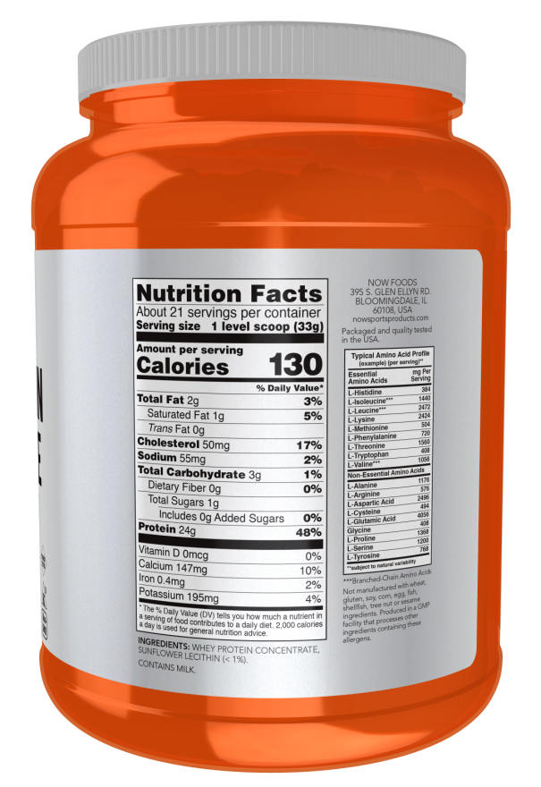 NOW Sports Nutrition, Whey Protein Concentrate, 24 g With BCAAs, Unflavored Powder, 1.5-Pound