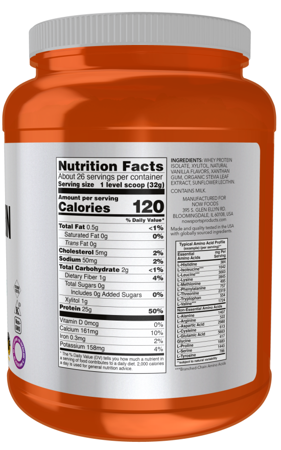 NOW Sports Nutrition, Whey Protein Isolate, 25 G With BCAAs, Creamy Vanilla Powder, 1.8-Pound