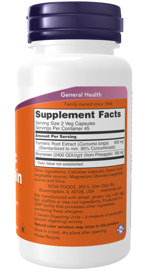 NOW Supplements, Turmeric & Bromelain (Standardized Turmeric Extract) with Bromelain 2400 GDU/g, 90 Veg Capsules