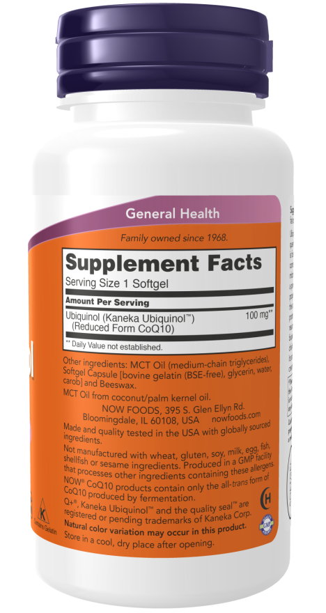 NOW Supplements, Ubiquinol 100 mg, High Bioavailability (the Active Form of CoQ10), 60 Softgels