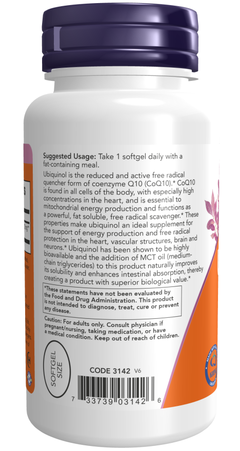 NOW Supplements, Ubiquinol 100 mg, High Bioavailability (the Active Form of CoQ10), 60 Softgels