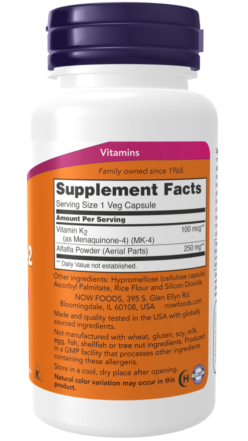 NOW Supplements, Vitamin K-2 100 mcg, Menaquinone-4 (MK-4), Supports Bone Health*, 100 Veg Capsules