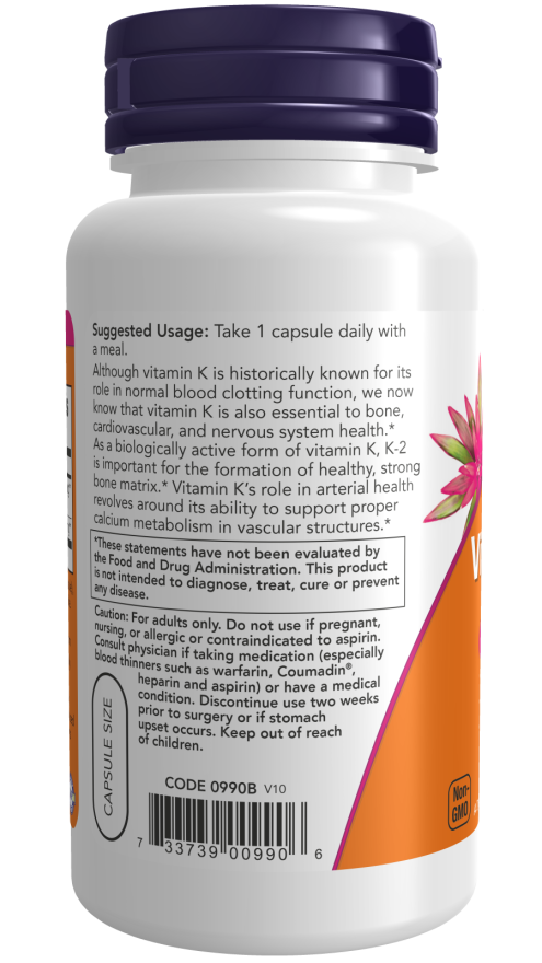 NOW Supplements, Vitamin K-2 100 mcg, Menaquinone-4 (MK-4), Supports Bone Health*, 100 Veg Capsules